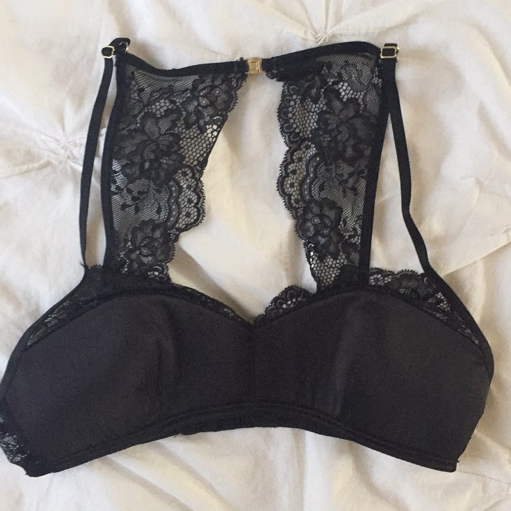 H&M Intimates Black Lace Racerback Bra Bralette Sexy Details Trim Satin Gold M - Picture 2 of 8